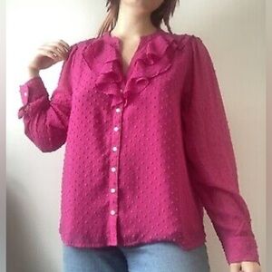 J. Crew Long Sleeve Ruffle Neck Swiss Dot Button Down blouse size Medium